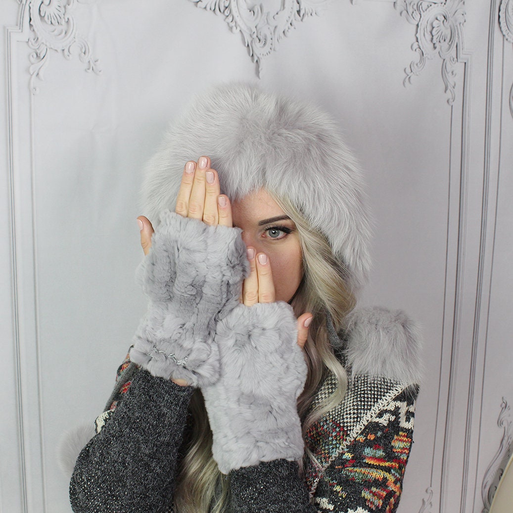 Grey Natural knit rabbit fur fingerless women's gloves, gift for her