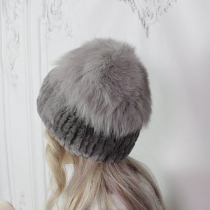 Real rabbit fur hat, Natural fox fur pom pom beanie, Gift for her