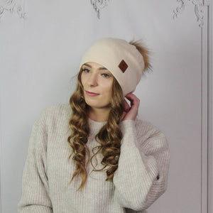 Bonnet à pompon en fourrure de renard en cachemire, bonnet d'hiver double couche en cachemire pour femme, cadeau pour elle