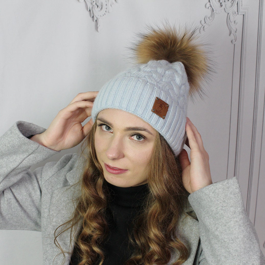 Cashmere real fur bobble Knit hat, Cashmere women winter beanie, Gift