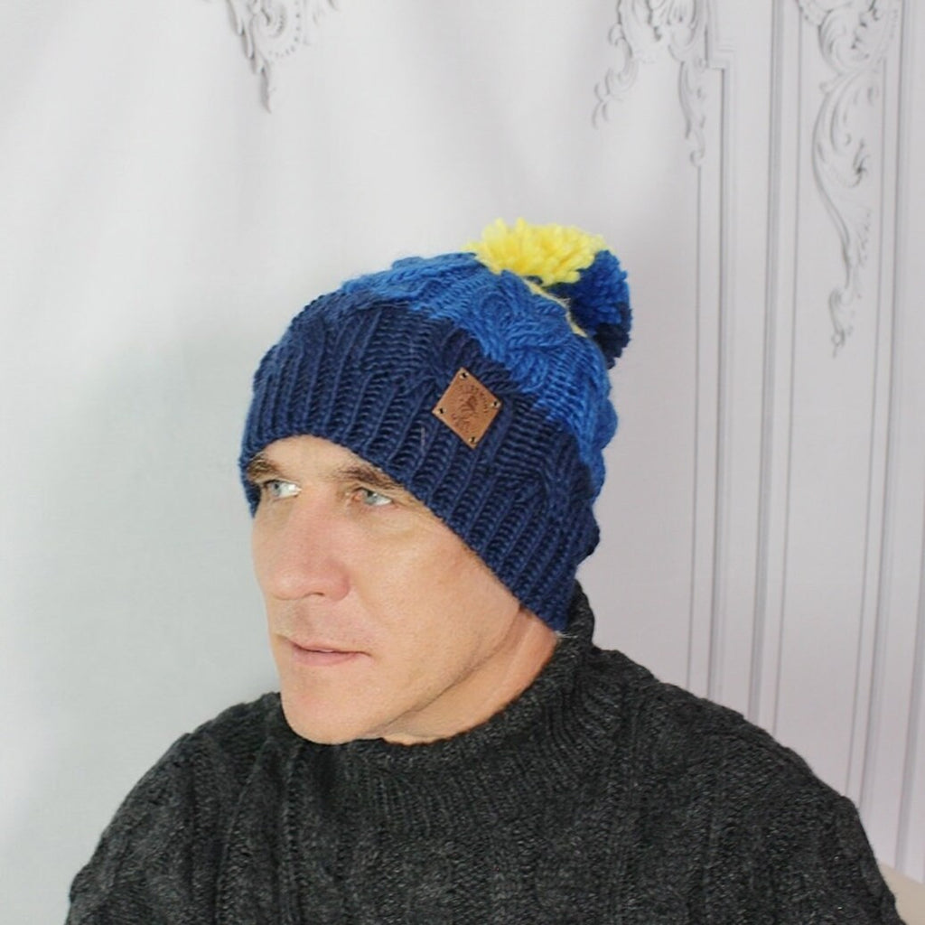 Blue Men winter hat, Cotton lining inner, bobble winter windproof hat, Gift for men