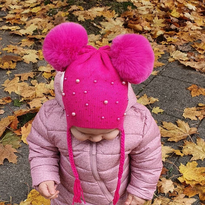 Kašmyro kepurė kūdikiui, karoliukais siuvinėta kepurė vaikui su dvigubais bumbulais, dovana vaikui