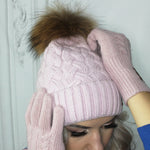 pink Cashmere real fur bobble Knit hat, Cashmere women winter beanie, Gift for her