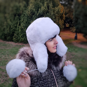 White Luxury Faux fur hat, Earflap faux fur hat, Windproof lined warm hat