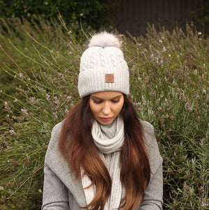 Ensemble en cachemire pour femme : bonnet à pompon en fourrure de renard, gants, écharpe, ensemble en tricot, ensemble d'hiver en cachemire pour femme, confortable et doux. Cadeau pour elle.