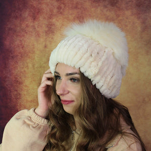 Real rabbit fur hat, Natural fox fur pom pom beanie, Gift for her