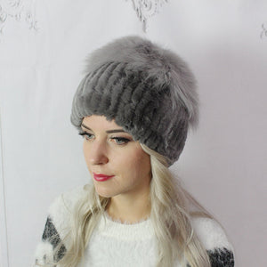 Real rabbit fur hat, Natural fox fur pom pom beanie, Gift for her