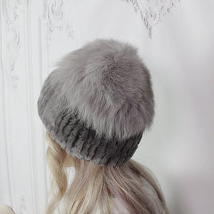 Real rabbit fur hat, Natural fox fur pom pom beanie, Gift for her