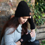 Black Cashmere hat and fingerless gloves set, Womens winter beanie, Gift for her