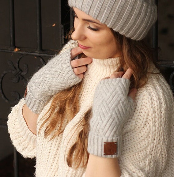 Cashmere hat and fingerless gloves set, Womens winter beanie, Gift for her