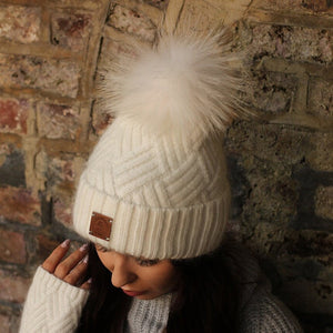 Cashmere hat and fingerless gloves set, Fox fur pom pom cashmere beanie hat, Gift for her