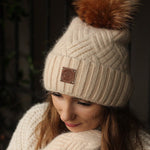 Warm Cashmere Women's Beanie with Fox Fur Pom Pom – Soft Winter Hat, Perfect Gift for Her