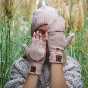 rose beige Cashmere fingerless gloves, Flappers mittens gloves, Convertible mittens, Gift for her