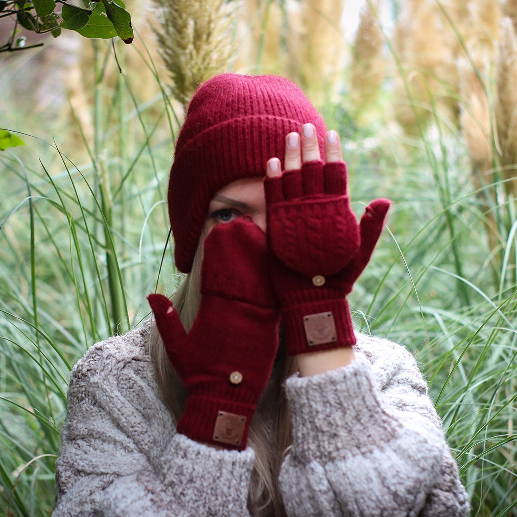 Cashmere fingerless gloves, Flappers mittens gloves, Convertible mittens, Gift for her