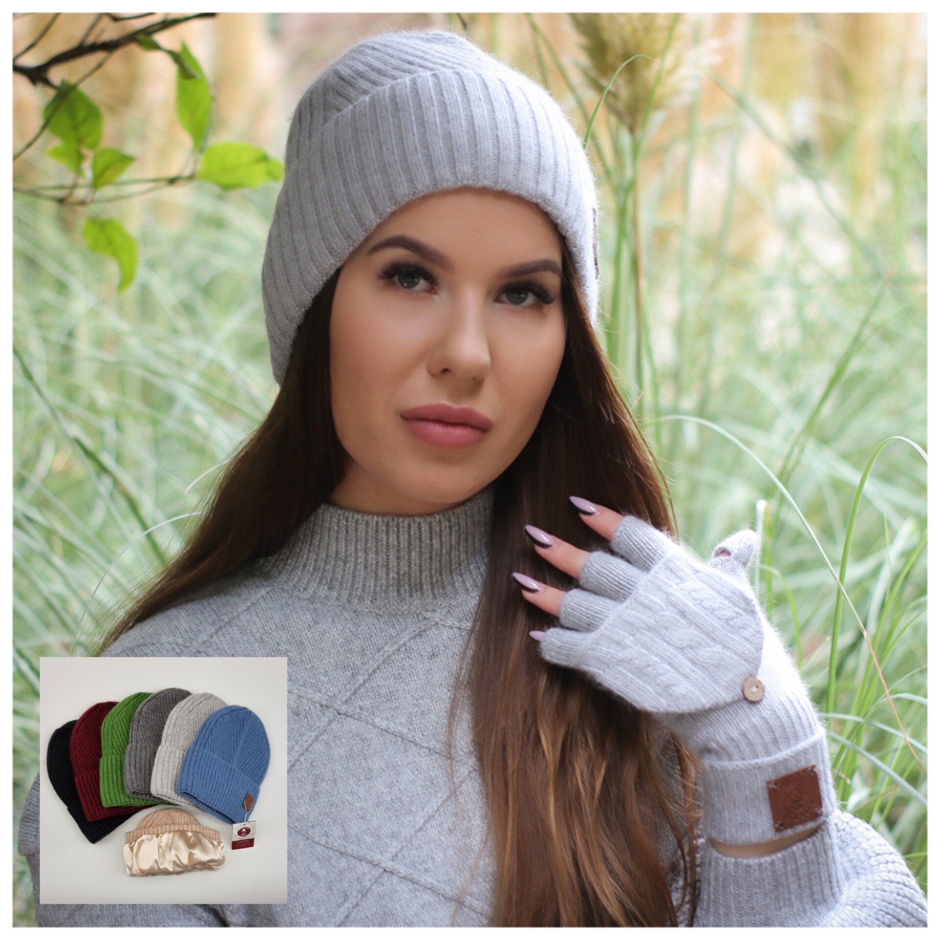 Cashmere Silk Lined Knit Beanie: Unisex Winter Windproof Hat, Great for thick, Curly, Frizz-free hair