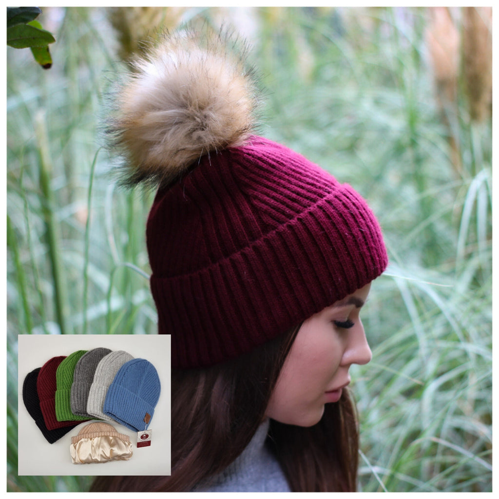 Cashmere Silk Lined Women's Pom Pom hat, Winter Windproof beanie, Great for thick, Curly, Frizz-free hair, Gift for her