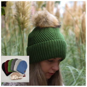 Cashmere silk lined knit beanie: Pom pom winter windproof hat, Great for thick, Curly, Frizz-free hair