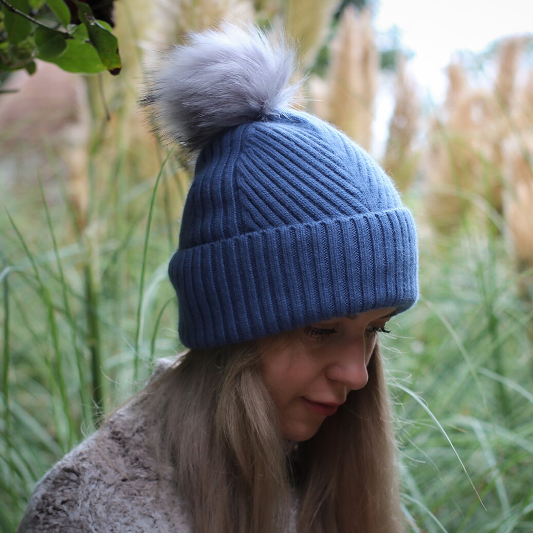 Cashmere silk lined knit beanie: Pom pom winter windproof hat, Great for thick, Curly, Frizz-free hair