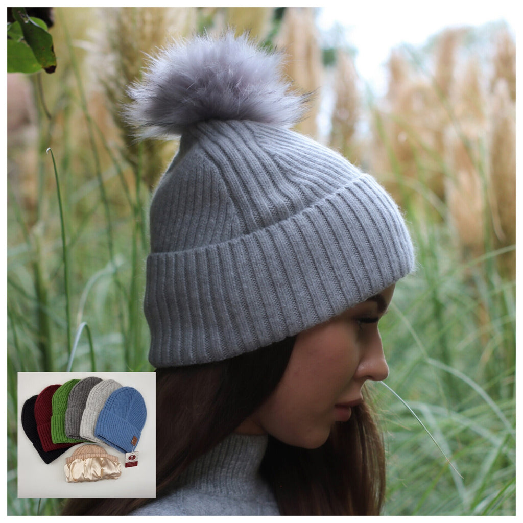 Cashmere Silk Lined Women's Pom Pom hat, Winter Windproof beanie, Great for thick, Curly, Frizz-free hair, Gift for her