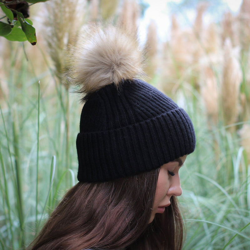 Cashmere Silk Lined Women's Pom Pom hat, Winter Windproof beanie, Great for thick, Curly, Frizz-free hair, Gift for her