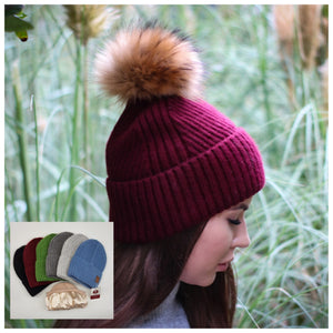 Cashmere Silk Lined Women's Fox Fur Pom Pom hat, Winter Windproof beanie, Great for thick, Curly, Frizz-free hair, Gift for her