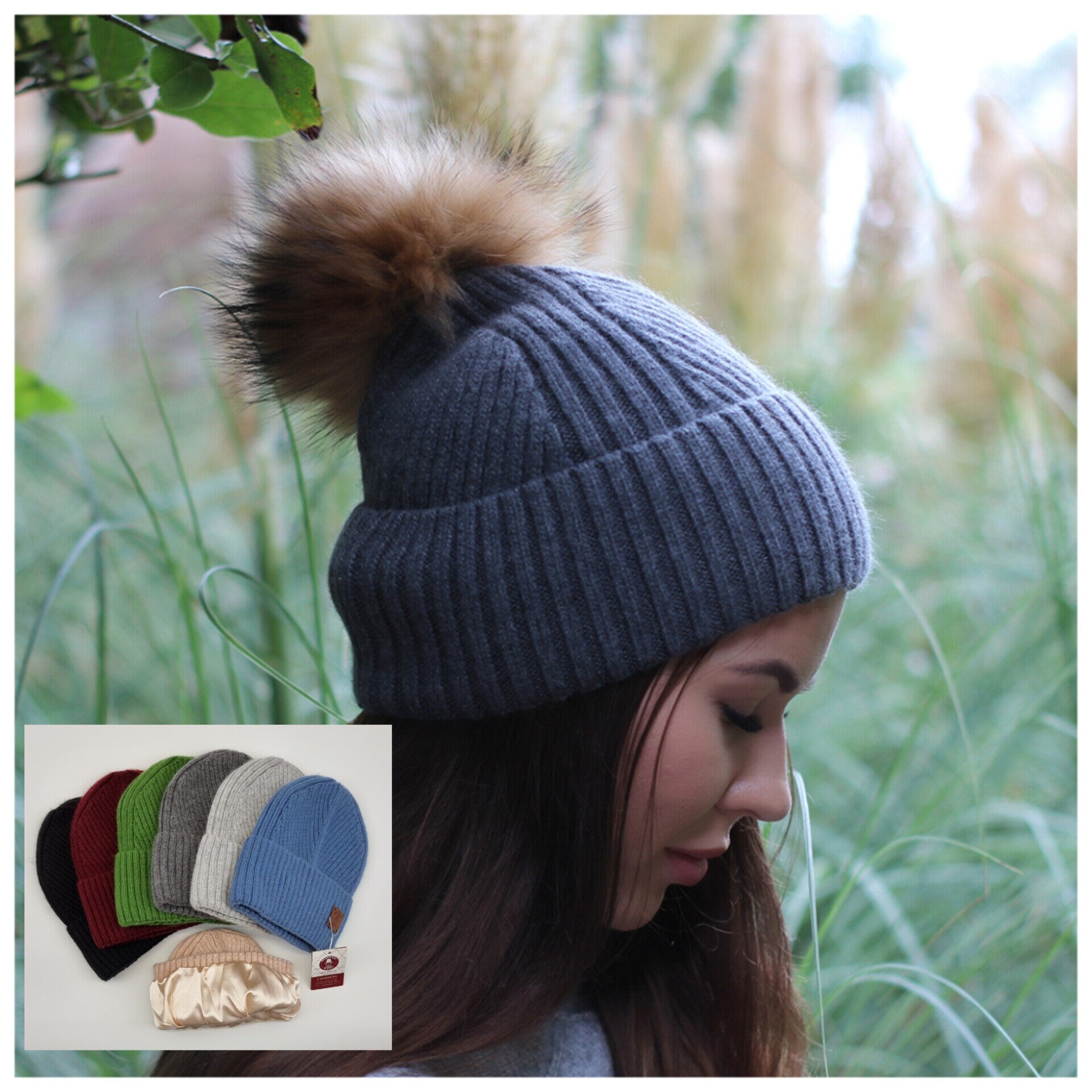 Cashmere silk lined knit beanie: Fox fur pom pom winter windproof hat, Great for thick, Curly, Frizz-free hair