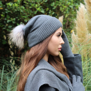 Kaschmir-Set für Damen: Mütze, Handschuhe, Schal, Cashmere Fox Fu Pom Pom Beanie, Warmes und weiches Winter-Kaschmir-Set für Damen, Geschenk für Sie