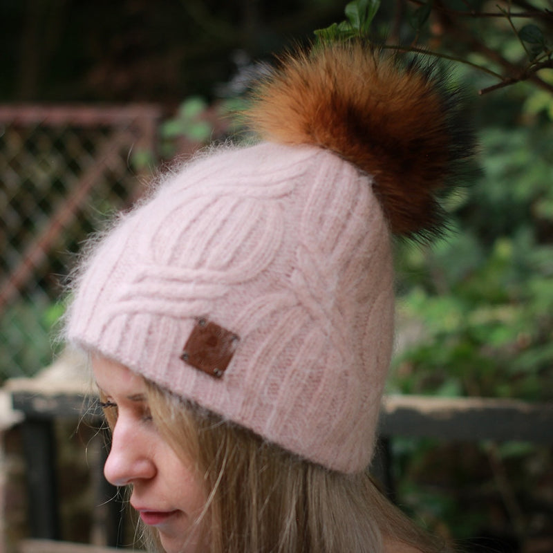 Pink Cashmere fox fur pom pom hat, Women thick cashmere knit beanie, Gift for her