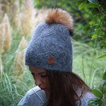 Cashmere fox fur pom pom hat, Women thick cashmere knit beanie, Gift for her