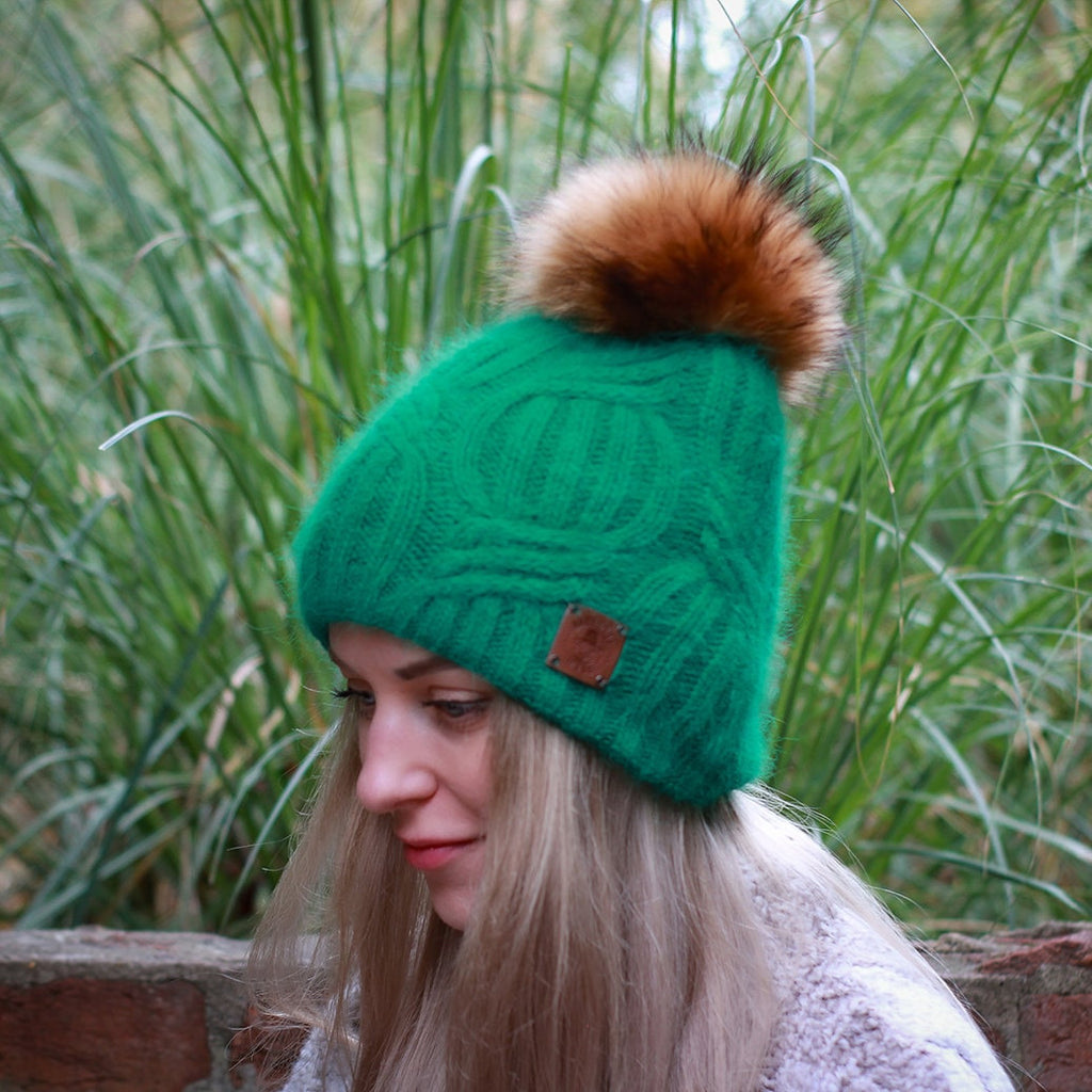 Green Cashmere fox fur pom pom hat, Women's winter thick cashmere knit beanie hat, Gift for her