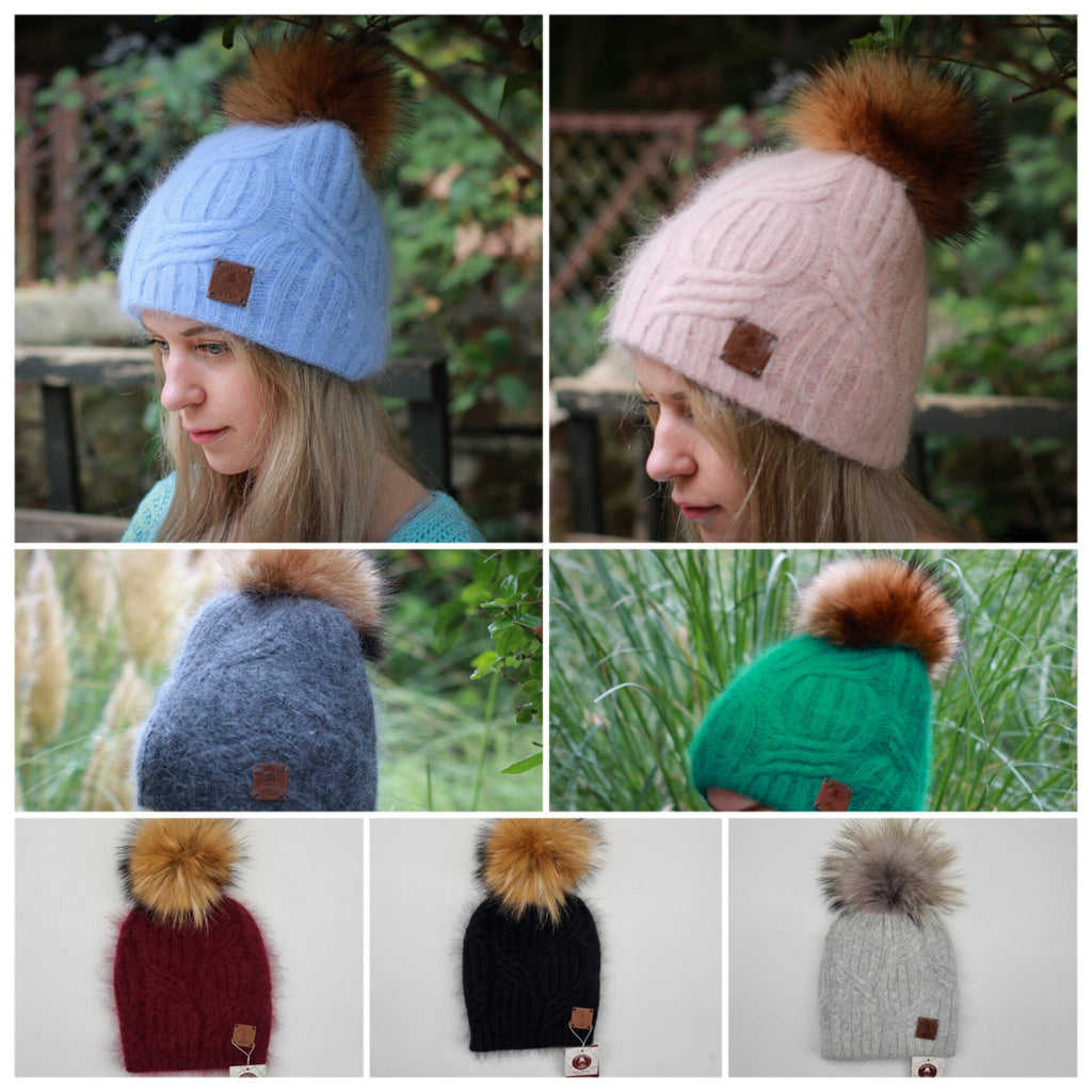 Cashmere fox fur pom pom hat, Women's winter thick cashmere knit beanie hat, Gift for her