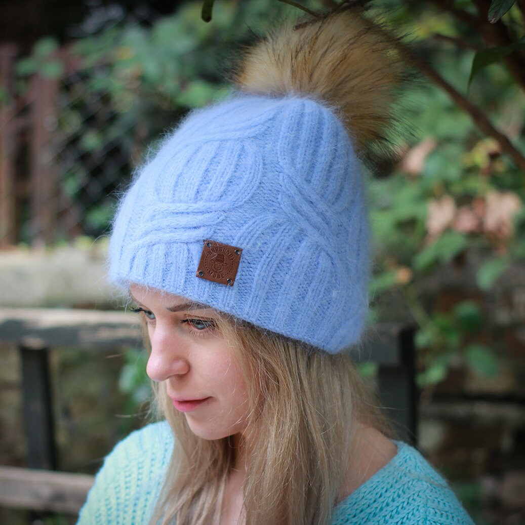 Bonnet à pompon en fausse fourrure de cachemire, bonnet d'hiver en tricot de cachemire épais pour femme, cadeau pour elle