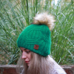 green Cashmere faux fur pom pom hat, Women's winter thick cashmere knit beanie hat, Gift for her