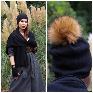 Cashmere set: Fox fur pom pom hat, gloves, scarf,  Cashmere slouchy beanie,  Warm and soft women's winter cashmere set. Gift for her