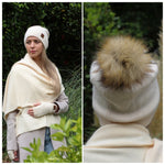 beige Cashmere Faux fur pom pom hat, Cashmere women winter double layer beanie, Gift for her