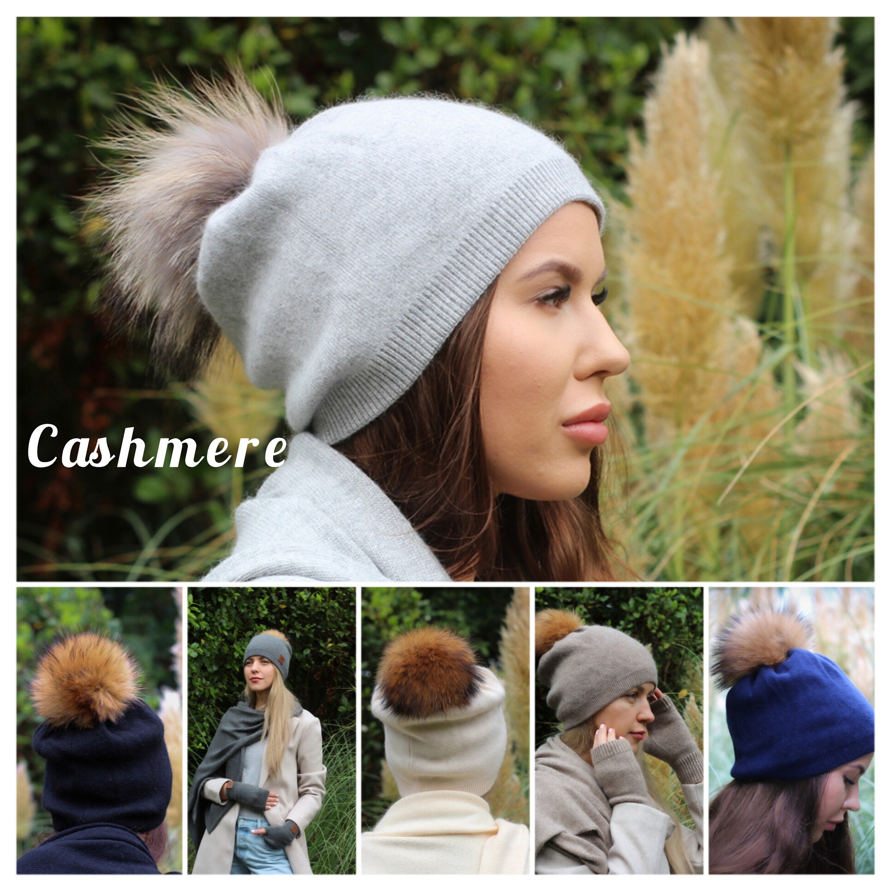 grey Cashmere Fox fur pom pom hat, Women winter double layer beanie, Gift for her