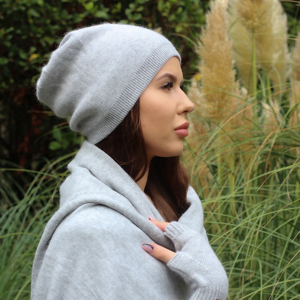 light grey Cashmere beanie, Womens cashmere hat, Warm and soft cashmere slouchy hat, Gift for her