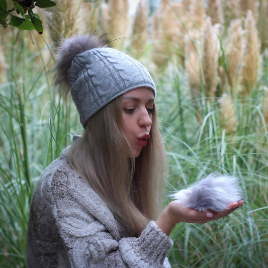Women's Cashmere Slouchy Winter Hat with Faux Fur Pom Pom – Soft Double Layer Beanie, Warm Knit Gift for Her