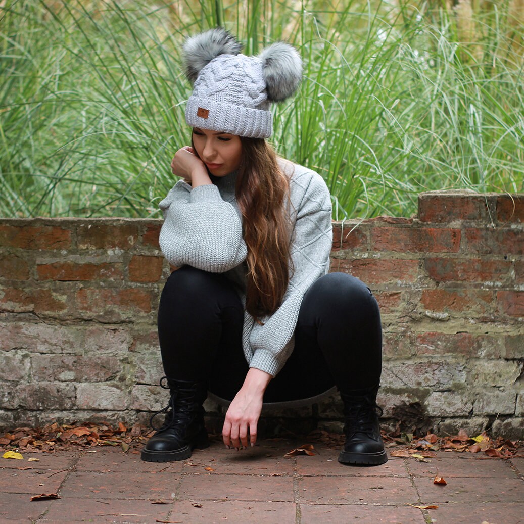 Grey Winter woolen women double pom pom hat, Fleece hat, Windproof warm girl's women's hat, Gift for her