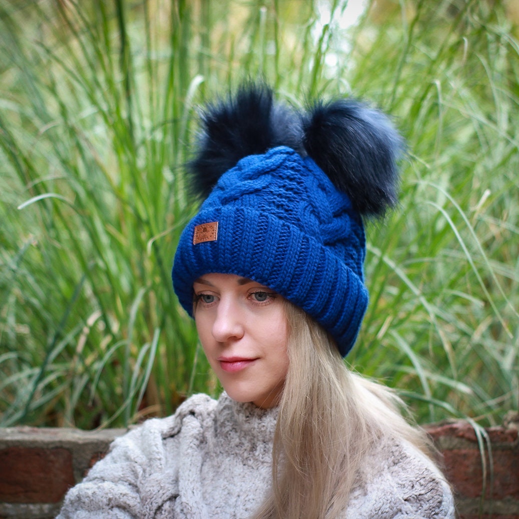 Bonnet d'hiver en laine pour femme, bonnet doublé en polaire, bonnet à pompon double