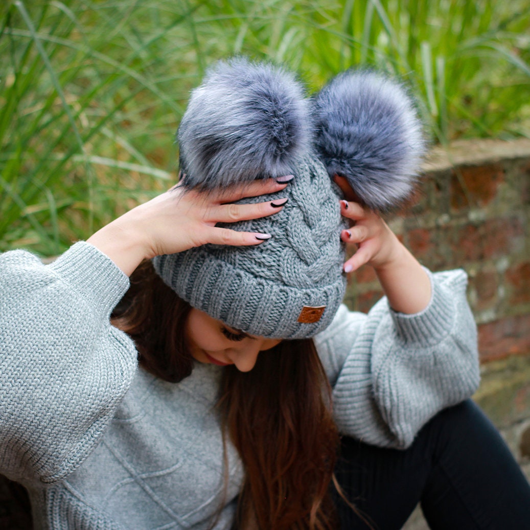 Winter woollen women hat, inner fleece lining beanie, double pom pom bobble hat