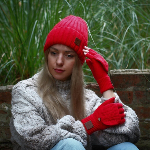 red Cashmere fingerless gloves, Flappers mittens gloves, Convertible mittens, Gift for her