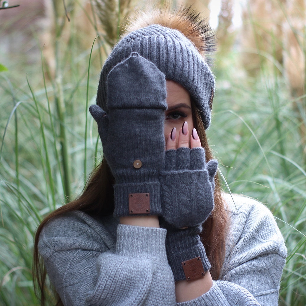 dark grey Cashmere fingerless gloves, Flappers mittens gloves, Convertible mittens, Gift for her