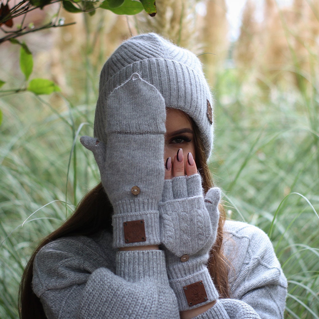 Light grey Cashmere fingerless gloves, Flappers mittens gloves, Convertible mittens, Gift for her