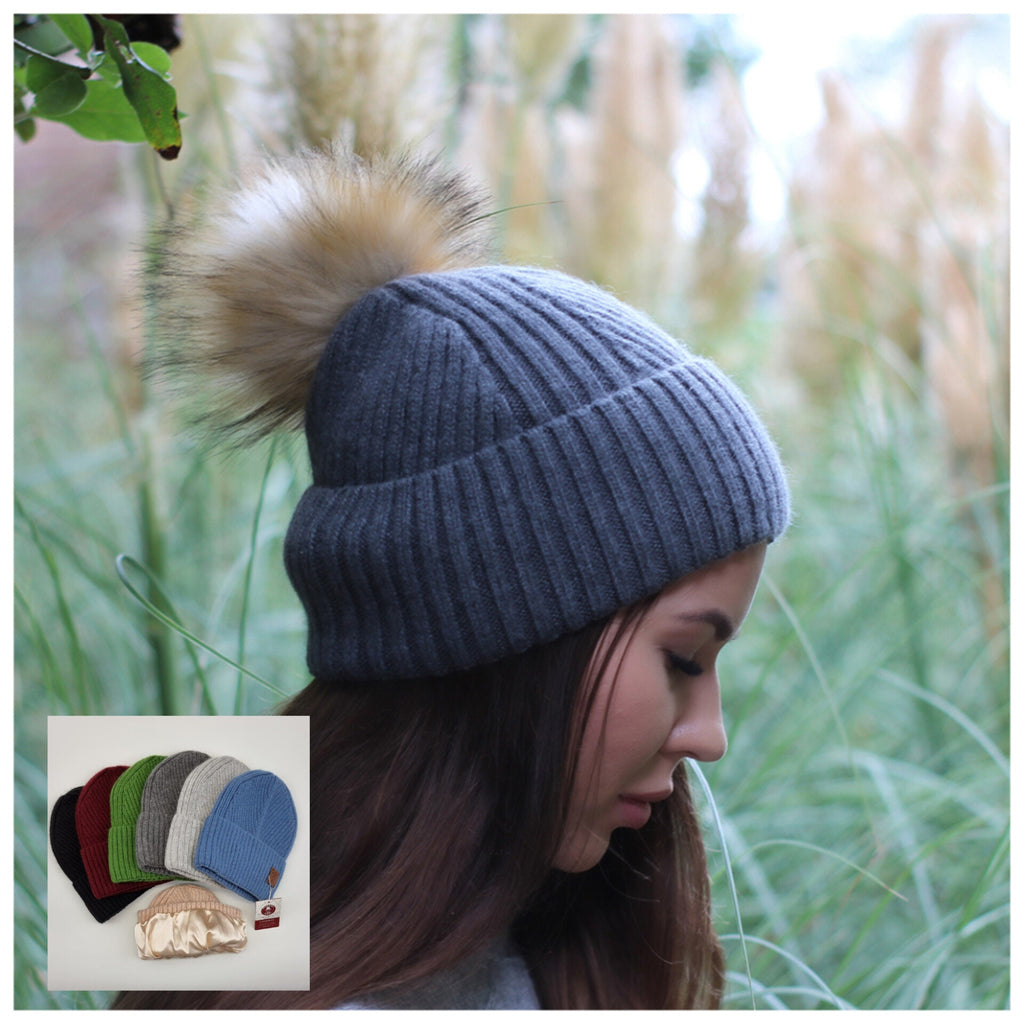 Cashmere Silk Lined Women's Pom Pom hat, Winter Windproof beanie, Great for thick, Curly, Frizz-free hair, Gift for her