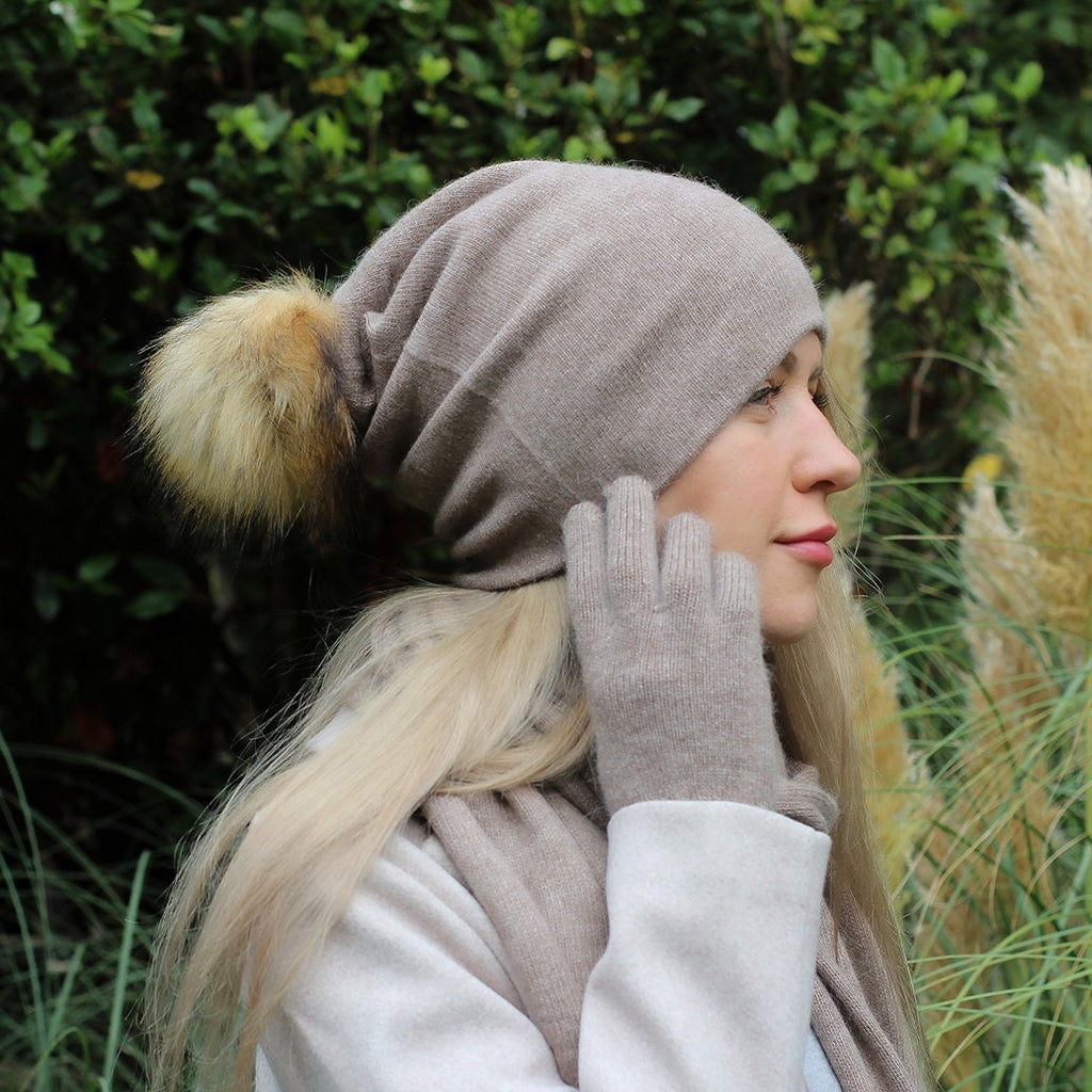 Cashmere set: Faux fur pom pom hat, gloves, scarf,  Cashmere beanie, Knit set, Warm and soft women winter cashmere set, Gift for her.