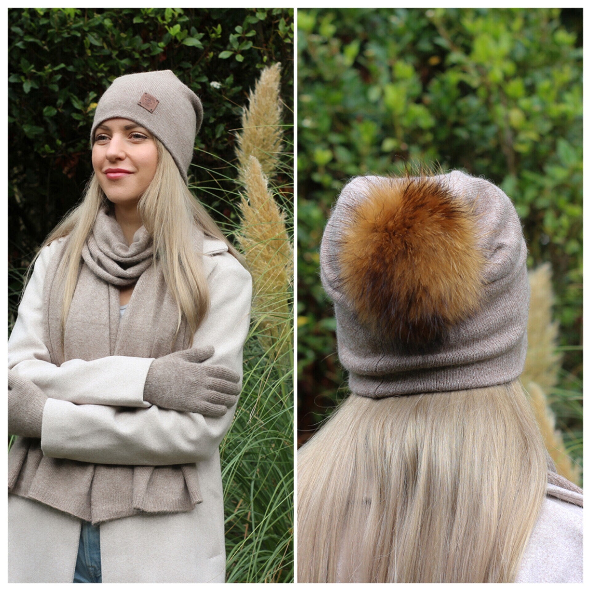 Cashmere set: Fox fur pom pom hat, gloves, scarf,  Cashmere beanie, Knit set, Warm and soft women winter cashmere set, Gift for her.