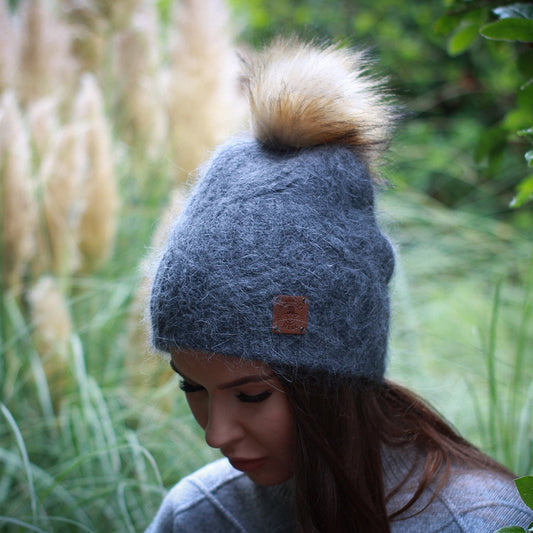dark grey Cashmere faux fur pom pom hat, Women's winter thick cashmere knit beanie hat, Gift for her