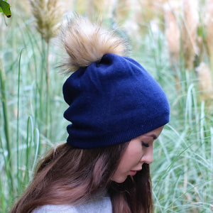 navy blue Cashmere Faux fur pom pom hat, Cashmere women winter double layer beanie, Gift for her