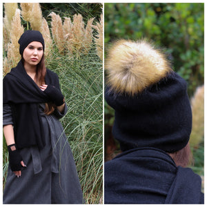 black Cashmere Faux fur pom pom hat, Cashmere women winter double layer beanie, Gift for her